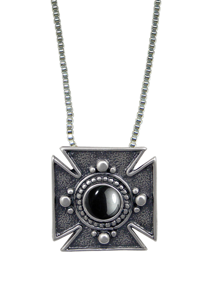 Sterling Silver Iron Cross Pendant Necklace With Hematite